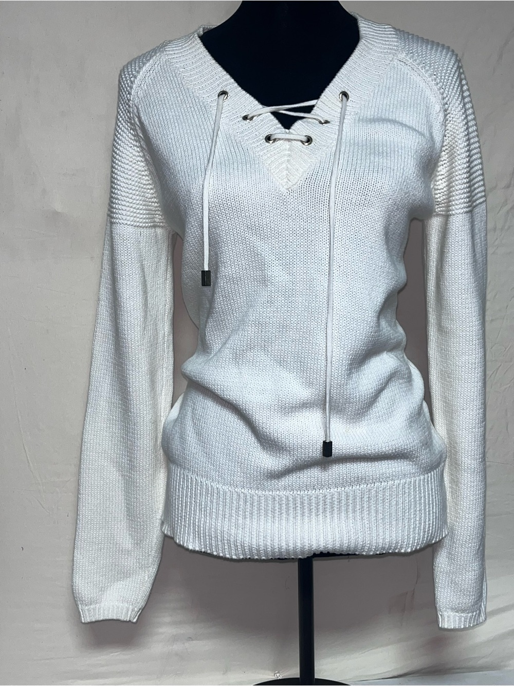 Elliott Lauren White Lace-Up V-Neck Sweater